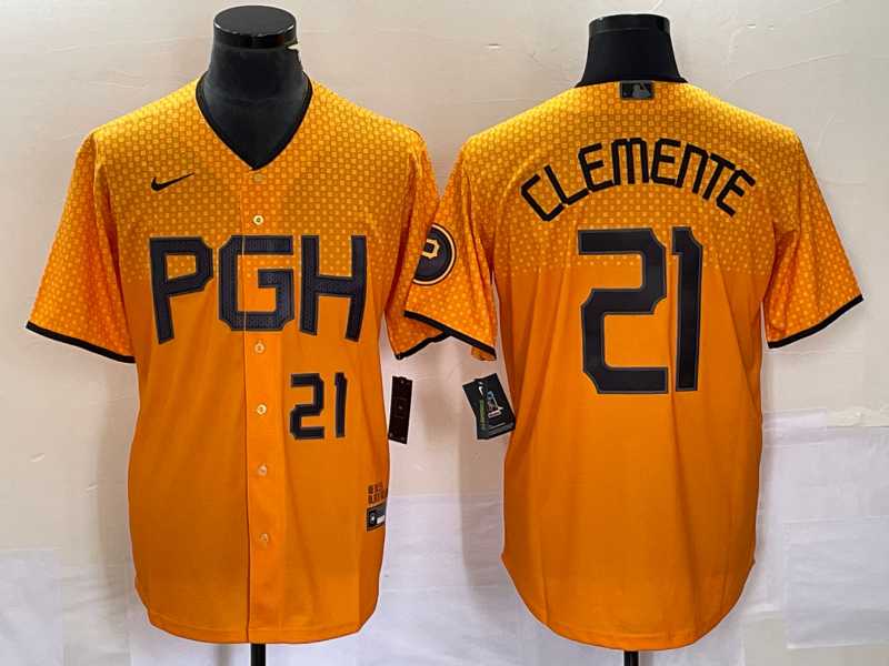 Mens Pittsburgh Pirates #21 Roberto Clemente Number Gold 2023 City Connect Stitched Jersey1->pittsburgh pirates->MLB Jersey